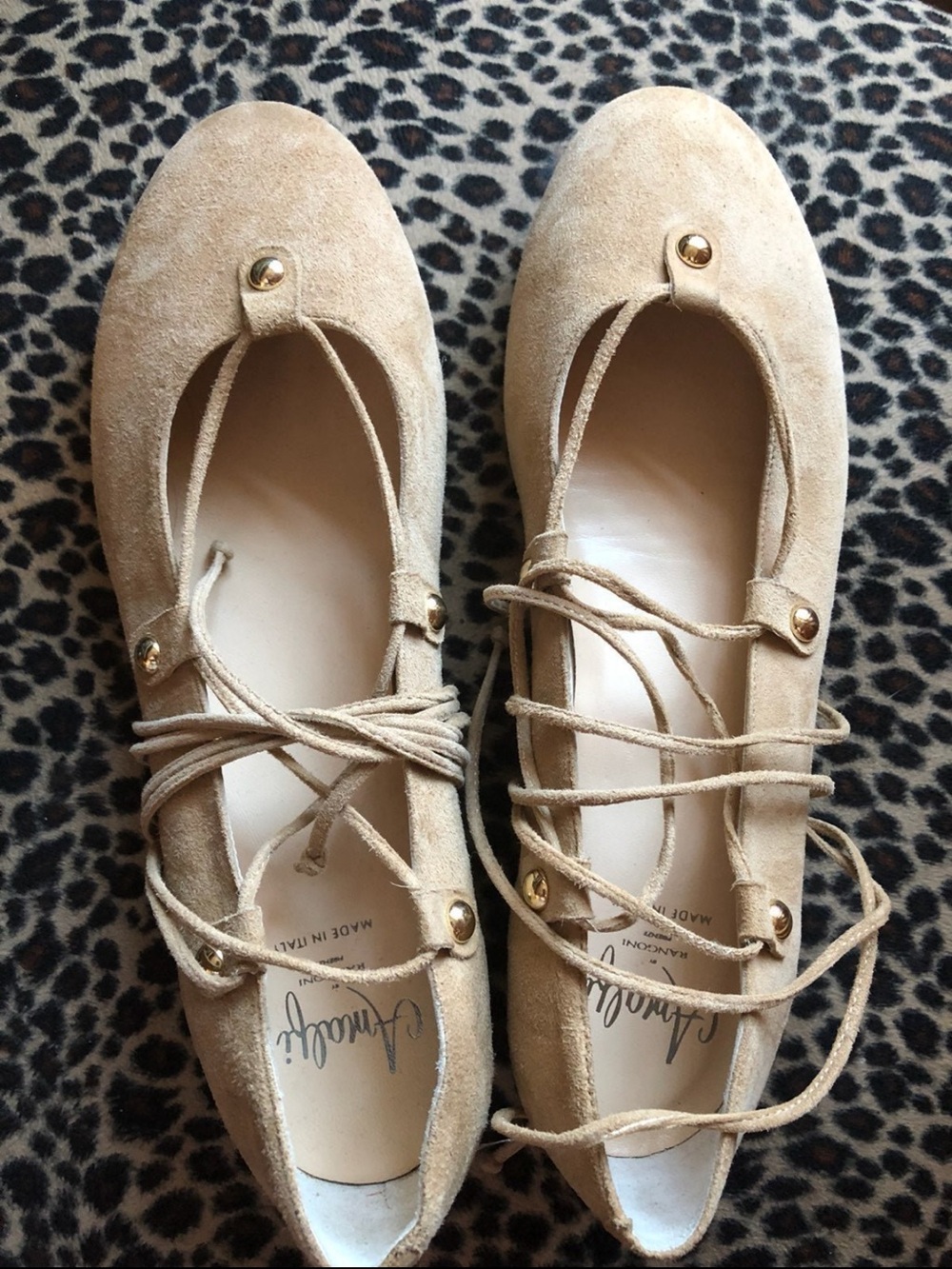 Amalfi Taupe Suede Lace-Up Ballet Flats with Gold Studs